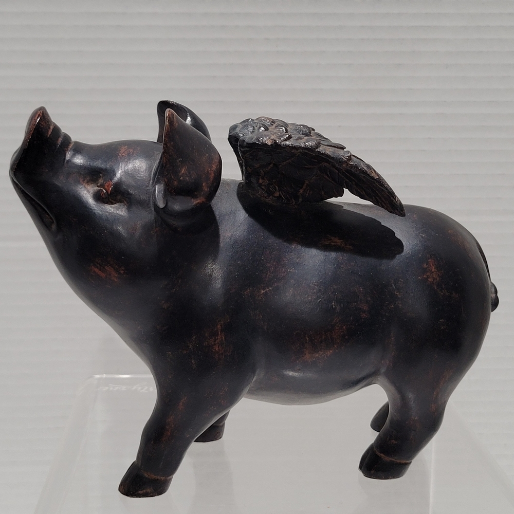 Pig Flying Sculpture Statue Dark Finish Resin Decor Vtg Country Farm - Picture 5 of 15